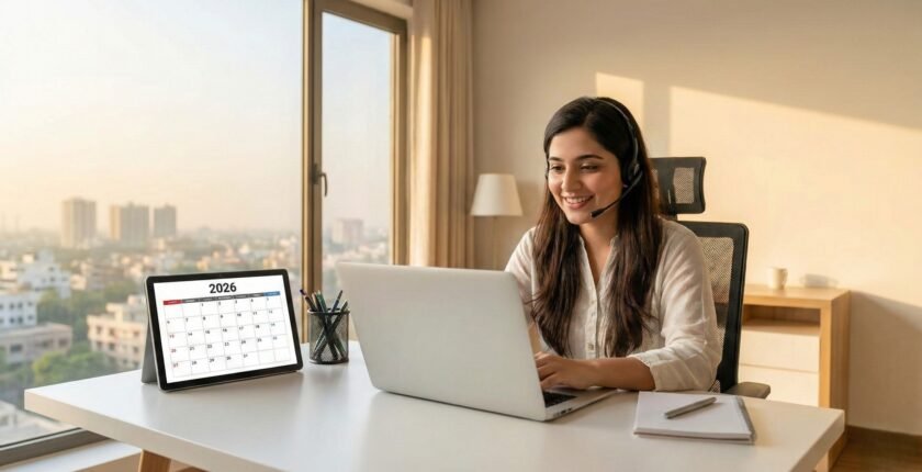 A young Pakistani professional woman working from a modern home office in Lahore with a laptop and headset, a calendar on her desk showing the year 2026.