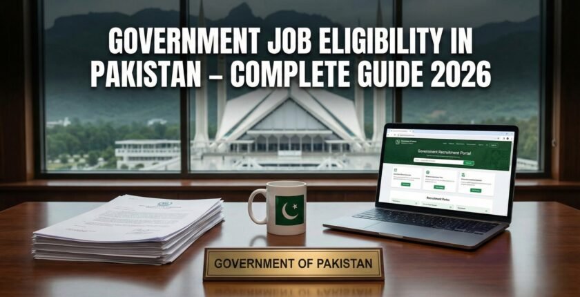 A professional office desk with a laptop displaying a government recruitment portal, official documents, a Pakistan flag mug, and a 'Government of Pakistan' nameplate. The background is a view of the Parliament House in Islamabad, with the text 'Government Job Eligibility in Pakistan – Complete Guide 2026' overlaid.