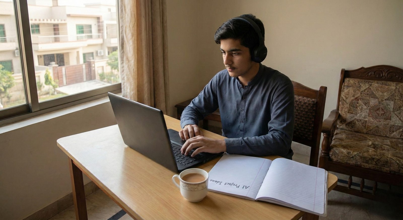 A Pakistani university student sitting at a desk in his home, working on a laptop with a notebook for AI project ideas, illustrating online jobs for students in Pakistan.