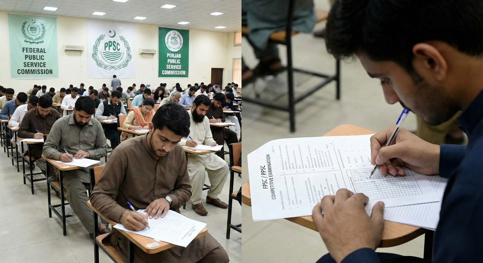 A split-image showing candidates taking a written competitive examination in a large hall with banners for FPSC and PPSC, and a close-up of a candidate filling out an answer sheet for the FPSC/PPSC exam.