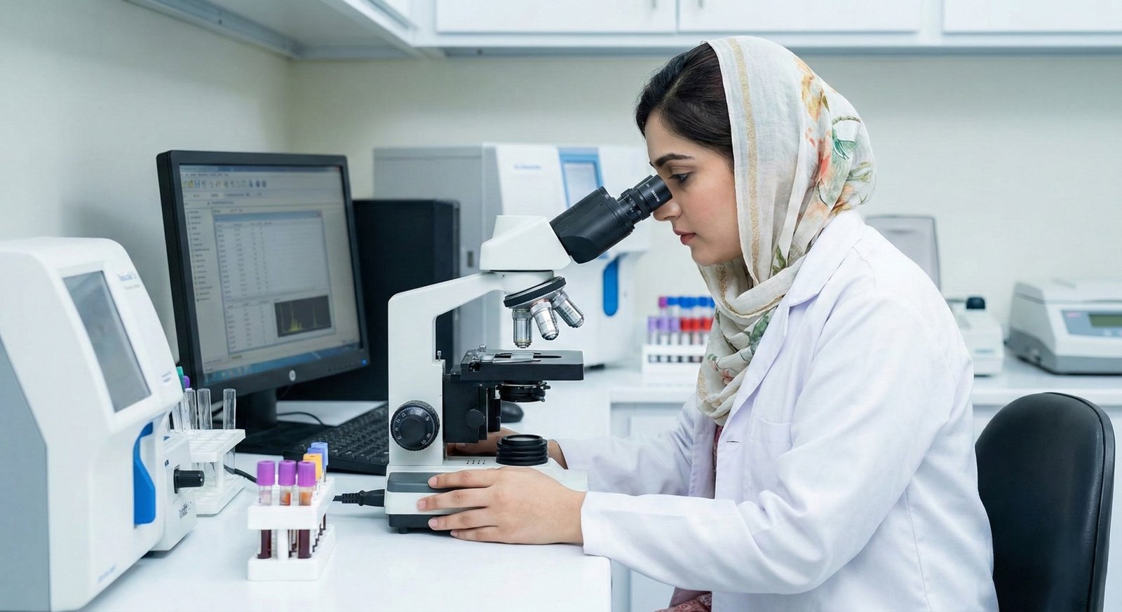 A young Pakistani female lab technician wearing a hijab and lab coat, looking into a microscope in a modern medical laboratory, illustrating a technical pre-medical govt job.