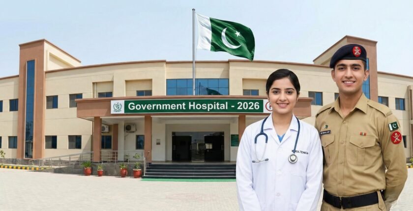 A male Pakistan Army Medical Cadet and a female medical technician standing in front of a modern government hospital in Pakistan, symbolizing pre-medical govt jobs in 2026