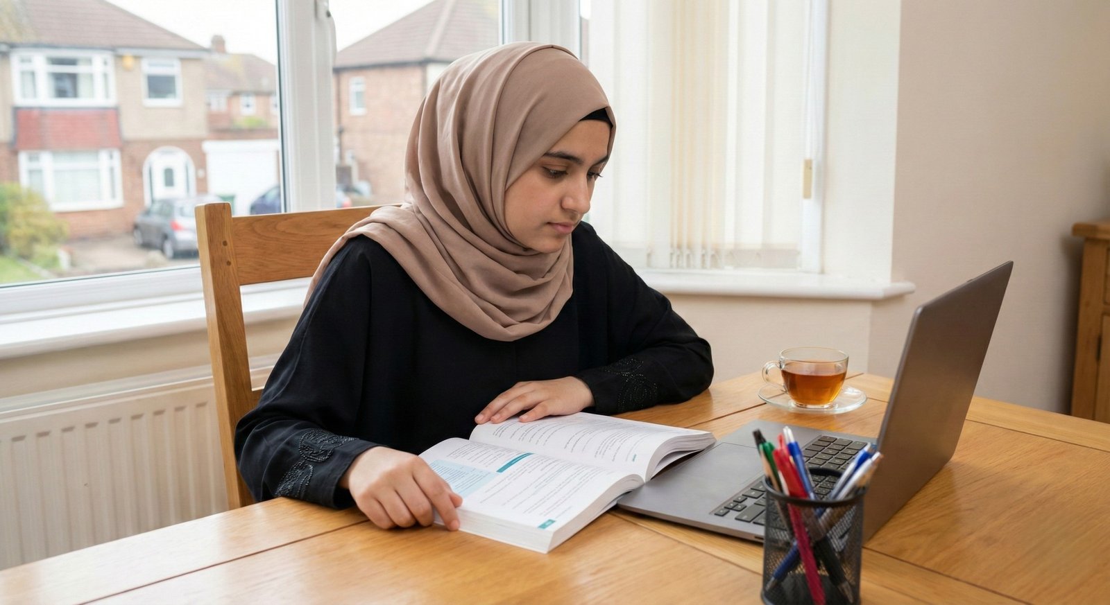 A young Pakistani female student in a headscarf studying diligently at a desk at home, preparing for NTS or government entry tests.