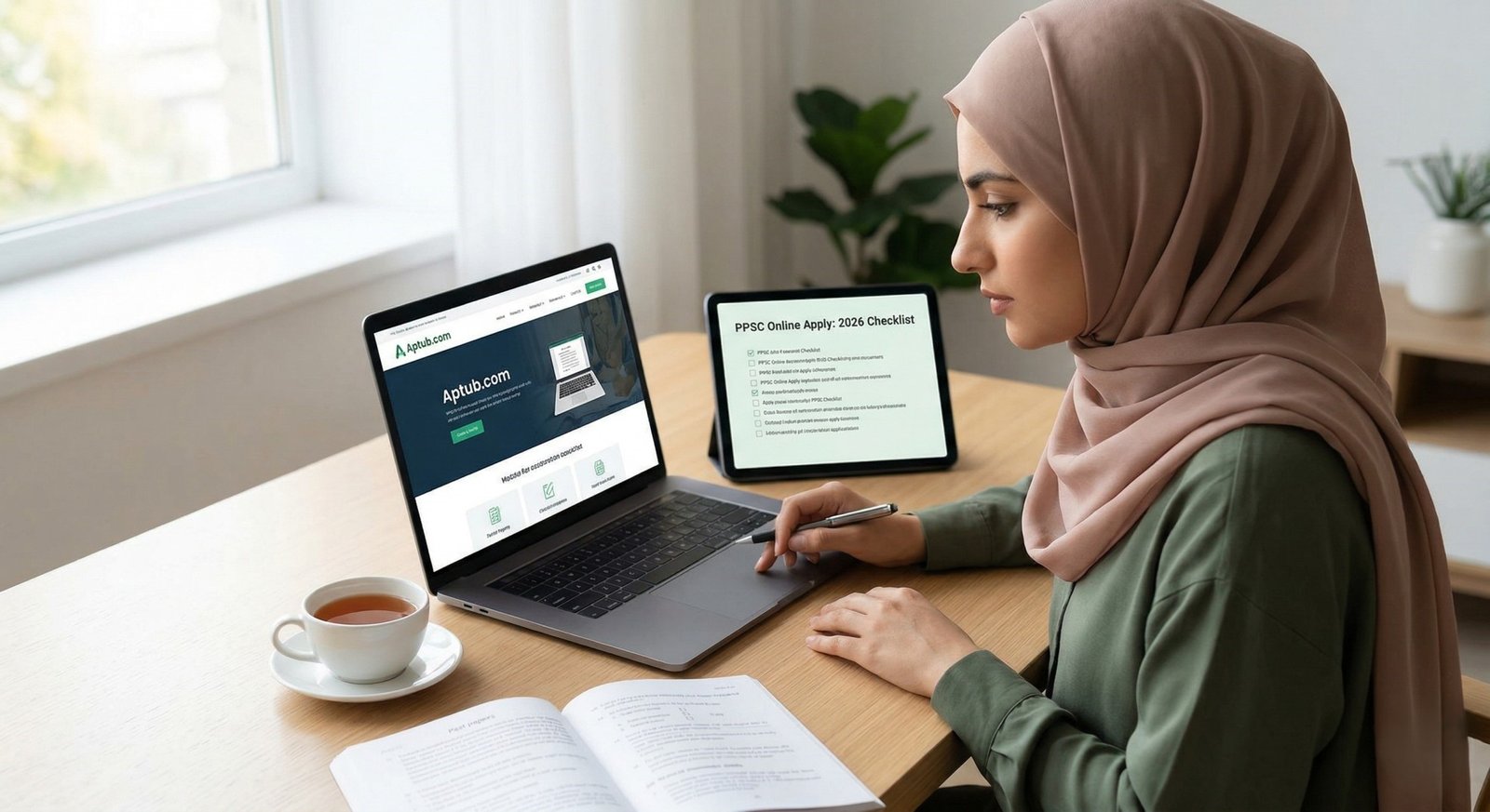 A focused Pakistani woman wearing a hijab, seated at a clean wooden desk at home, holding a pen and looking at a tablet showing 'PPSC Online Apply: 2026 Checklist'. She is also using a laptop with the Aptub.com homepage visible.