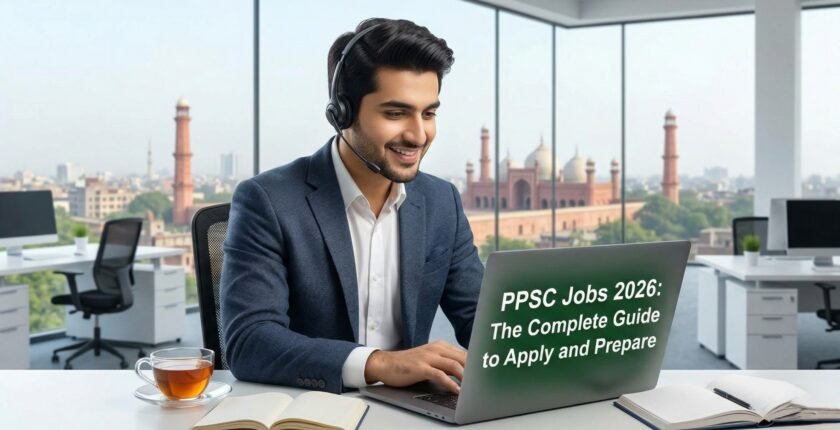 A smart casual dressed Pakistani man sitting in a bright modern office, focused on a laptop screen displaying text for the 'PPSC Jobs 2026 Complete Guide', with the Lahore skyline visible in the background.