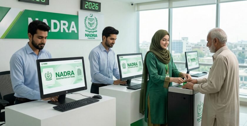 A diverse team of young Pakistani NADRA executives assisting citizens with biometric verification at a modern registration center in Lahore, representing NADRA Jobs 2026.